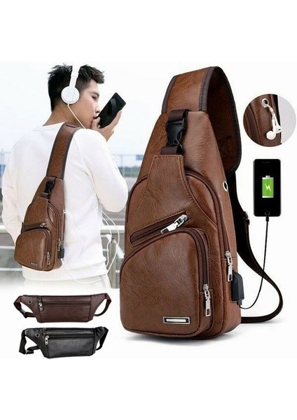 Yeni 2 Stilleri Göğüs Çantası Rahat Açık Seyahat USB Şarj Portu Sling Çanta Deri Göğüs Çantası Crossbody Çanta (Siyah) (Yurt Dışından)