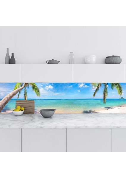 Mutfak Tezgah Arası Folyo Fayans Kaplama Folyosu Tropikal Plaj 60X300 cm