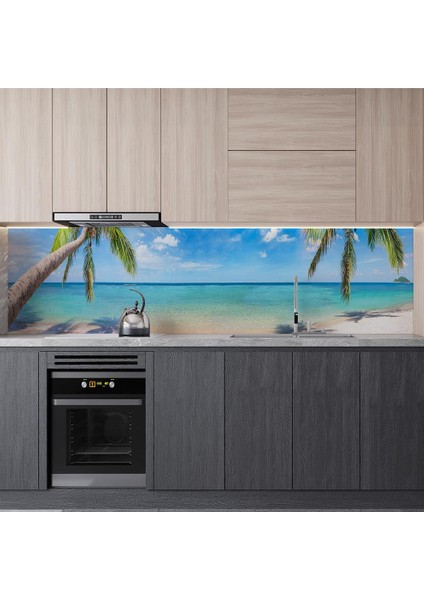 Mutfak Tezgah Arası Folyo Fayans Kaplama Folyosu Tropikal Plaj 60X300 cm modelleri