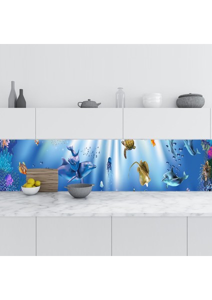 Mutfak Tezgah Arası Folyo Fayans Kaplama Folyosu 3D Akvaryum 60X500 cm