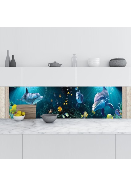 Mutfak Tezgah Arası Folyo Fayans Kaplama Folyosu 3D Sualtı Balıklar 60X400 cm
