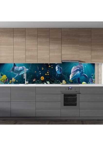 Mutfak Tezgah Arası Folyo Fayans Kaplama Folyosu 3D Sualtı Balıklar 60X400 cm