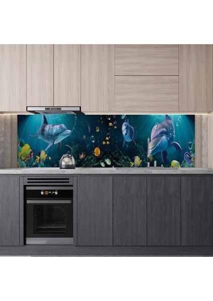 Mutfak Tezgah Arası Folyo Fayans Kaplama Folyosu 3D Sualtı Balıklar 60X400 cm