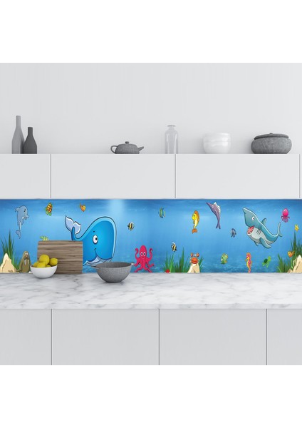 Mutfak Tezgah Arası Folyo Fayans Kaplama Folyosu Balıklar Çizim 60X400 cm
