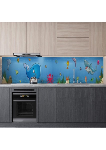 Mutfak Tezgah Arası Folyo Fayans Kaplama Folyosu Balıklar Çizim 60X400 cm modelleri