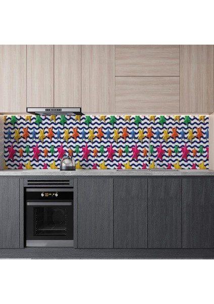 Mutfak Tezgah Arası Folyo Fayans Kaplama Folyosu Renkli Yıldızlar 60X500 cm modelleri