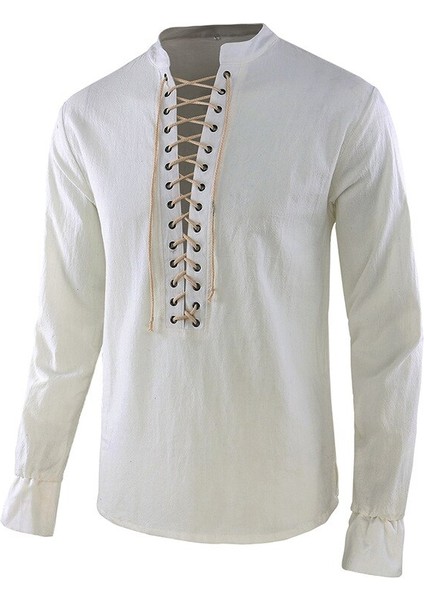 Adam Retro Ortaçağ Korsan Viking Cosplay Gömlek Vintage Rahat Erkek Kapüşonlu Knight Keten Rönesans Nordic Tunik Bandaj T Gömlek | (Beyaz)