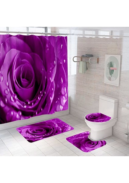 4-Piece Gül Banyo Perdesi Seti, Doğal Çiçekler, Su Geçirmez Polyester Duş Perdesi, Klozet Minder, Kaymaz Banyo Battaniyesi Seti |duş Perdesi(Yurt Dışından)