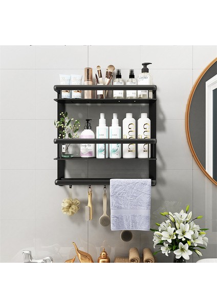 Banyo Siyah Raf Alüminyum Duş Caddy Köşe Rafları Banyo Havlu Raf Havlu Bar Kanca Saç Kurutma Makinesi ile Şampuan Tutucu | Banyo Rafları (40CM)