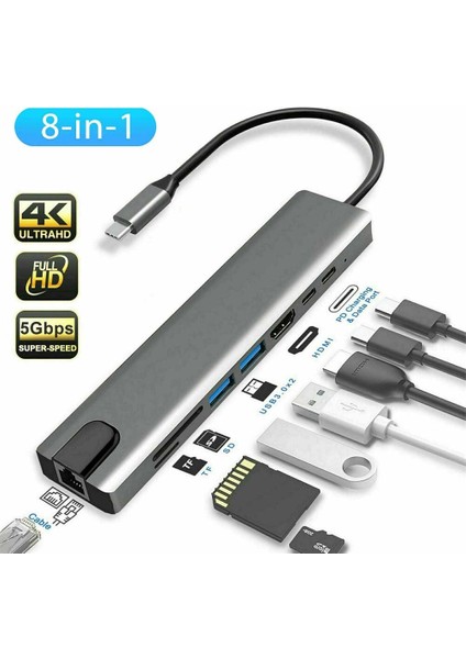 8-In-1 Usb-C Hub Tip-C Multiport Kart Okuyucu Adaptörü MacBook Pro Için 4K HDMI