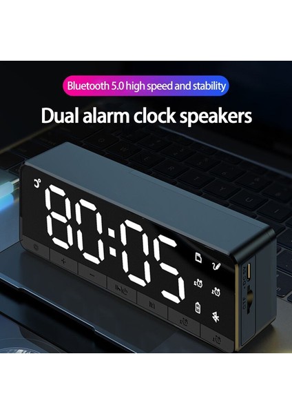 Ayna Çalar Saat Bluetooth Hoparlör Ses Subwoofer Kablosuz Küçük Hoparlör Desteği Bluetooth / Tf Kart / Aux Line Oynatma | Subwoofer (Siyah)