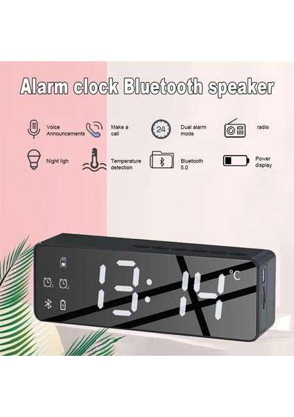 Akıllı Kablosuz Bluetooth Hoparlör Başucu Çalar Saat Stereo Subwoofer ile Sıcaklık Monitörü Dim Ekran | Taşınabilir Hoparlörler (Siyah)