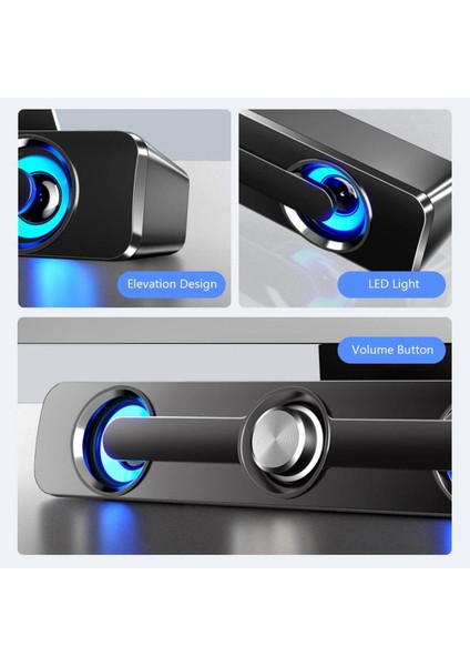 USB Kablolu Bluetooth Hoparlör LED Işık Çubuğu Stereo Subwoofer Surround Ses Kutusu Bilgisayar Dizüstü Tablet Pc Telefonu Ev Handsfree | Subwoofer (Siyah)