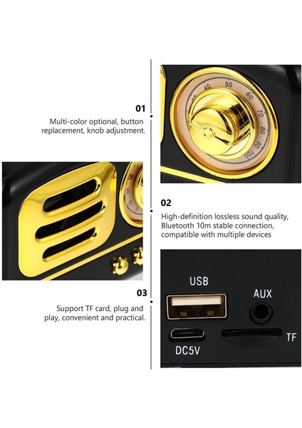 Retro Bluetooth Kablosuz Mini Taşınabilir Hoparlör Stereo Surround Subwoofer Destek Tf Kart Fm USB Aux Andrıod / iPhone | Taşınabilir Hoparlörler (Siyah)(Yurt Dışından)