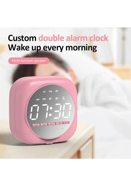 Dijital Çalar Saat Taşınabilir Bluetooth Hoparlör LED Ayna Gece Lambası Hoparlör Mp3 Çalar Desteği Tf Kart Subwoofer Hoparlör | Taşınabilir Hoparlörler (Pembe)