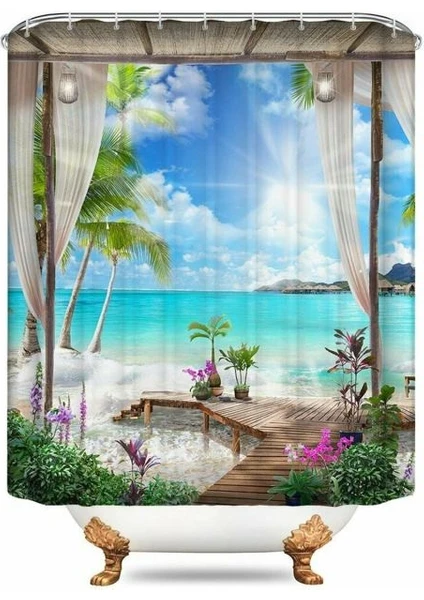 3D Sunny Beach Baskılı Duş Perdesi Set Deniz Manzarası Banyo Ekranı Su Geçirmez Banyo Perdeleri Kaymaz Banyo Mat Kaidal Halı (120 * 180 Cm)