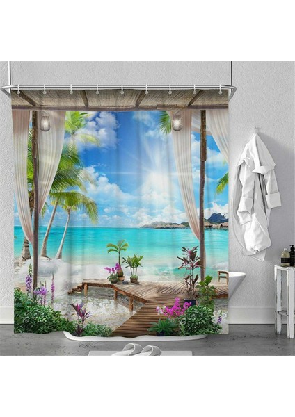 3D Sunny Beach Baskılı Duş Perdesi Set Deniz Manzarası Banyo Ekranı Su Geçirmez Banyo Perdeleri Kaymaz Banyo Mat Kaidal Halı (120 * 180 Cm)