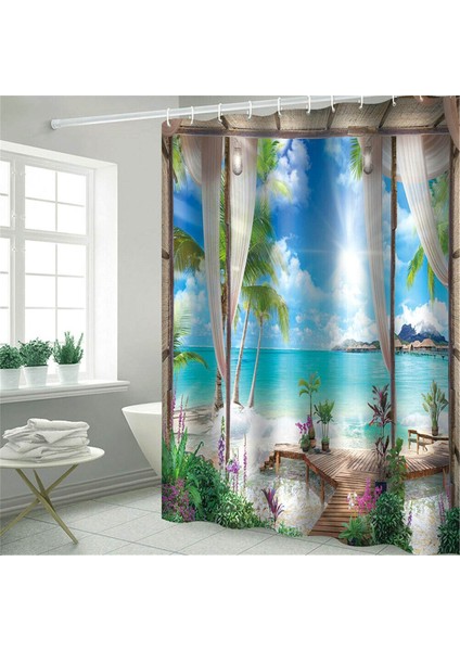 3D Sunny Beach Baskılı Duş Perdesi Set Deniz Manzarası Banyo Ekranı Su Geçirmez Banyo Perdeleri Kaymaz Banyo Mat Kaidal Halı (120 * 180 Cm)