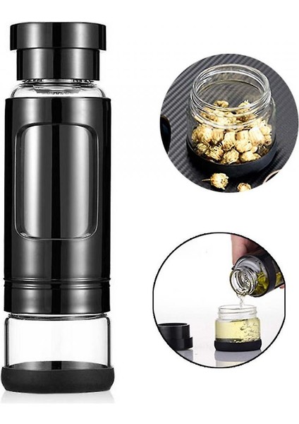 Taşınabilir Çay Tumbler Su Şişesi Çıkarılabilir Çay / Meyve Demlik ve Çay Saklama Bölmesi (Siyah) ile 400 ml