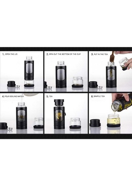 Taşınabilir Çay Tumbler Su Şişesi Çıkarılabilir Çay / Meyve Demlik ve Çay Saklama Bölmesi (Siyah) ile 400 ml