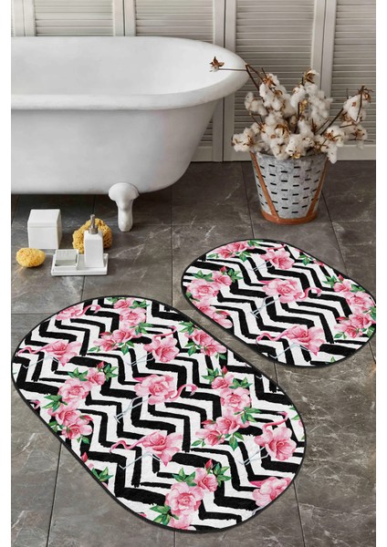 Zigzag Zemin Gül Flamingo Motifli 2'Li Elips Kaymaz Tabanlı Banyo & Mutfak Paspas Takımı