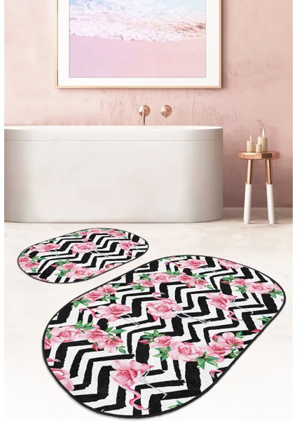 Zigzag Zemin Gül Flamingo Motifli 2'Li Elips Kaymaz Tabanlı Banyo & Mutfak Paspas Takımı