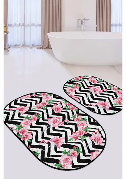 Zigzag Zemin Gül Flamingo Motifli 2'Li Elips Kaymaz Tabanlı Banyo & Mutfak Paspas Takımı