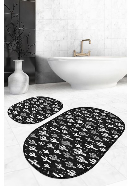 Siyah Beyaz Kaktüs Motifli Dijital Baskılı 2'Li Elips Kaymaz Tabanlı Banyo & Mutfak Paspas Takımı modelleri
