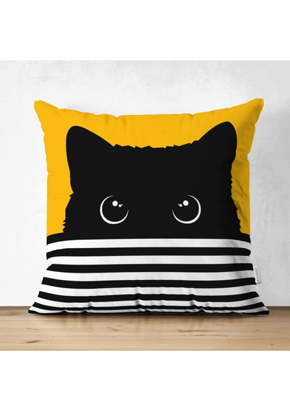 Sarı Zemin Çizgili Motif Kara Kedi Tasarımlı Modern Süet Yastık Kırlent Kılıfı