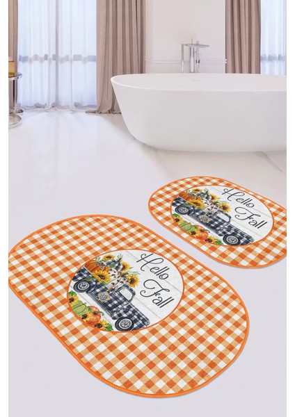 Turuncu Ekose Motifli 2'Li Oval Kaymaz Tabanlı Banyo Paspas Seti & Mutfak Paspas Takımı
