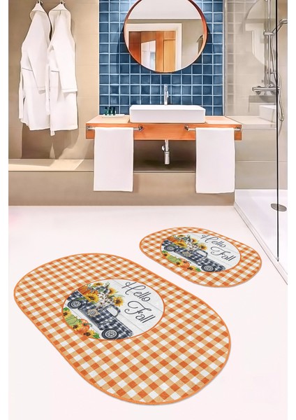 Turuncu Ekose Motifli 2'Li Oval Kaymaz Tabanlı Banyo Paspas Seti & Mutfak Paspas Takımı