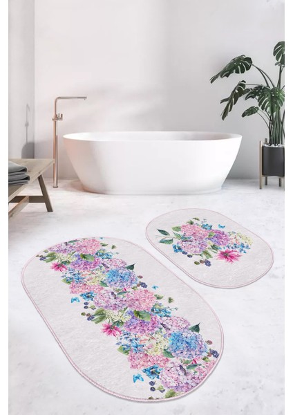 Renkli Ortanca Çiçekleri Özel Tasarım 2'Li Oval Kaymaz Tabanlı Banyo & Mutfak Paspas Takımı