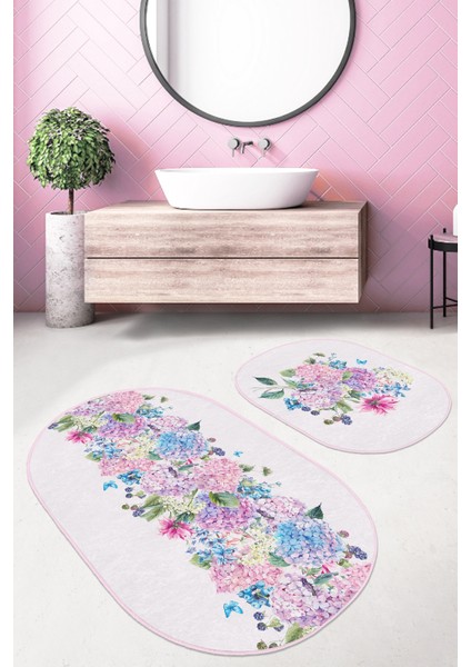 Renkli Ortanca Çiçekleri Özel Tasarım 2'Li Oval Kaymaz Tabanlı Banyo & Mutfak Paspas Takımı fiyatları