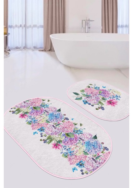Renkli Ortanca Çiçekleri Özel Tasarım 2'Li Oval Kaymaz Tabanlı Banyo & Mutfak Paspas Takımı modelleri