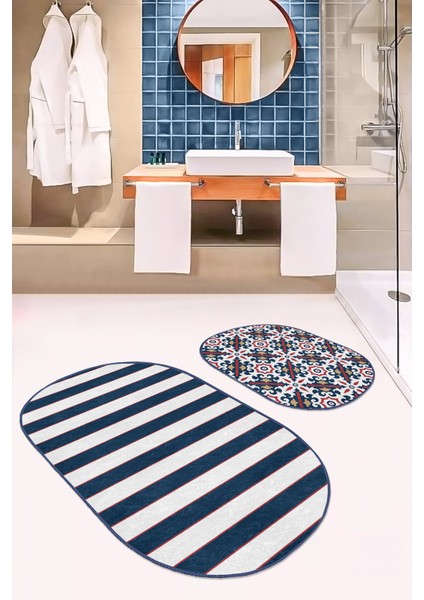 Lacivert Geometrik Çizim Düz Çizgili 2'Li Oval Banyo Paspas Takımı & Mutfak Paspas Takımı