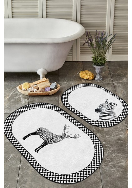 Zebra Motifli Geytik Tasarımlı 2'Li Oval Kaymaz Tabanlı Banyo Paspas Takımı & Mutfak Paspas Seti