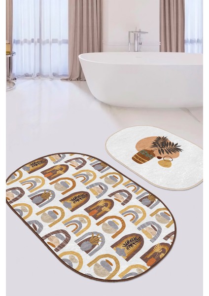 Bohem Motifli Etnik 2'Li Elips Kaymaz Tabanlı Banyo Paspas Seti & Klozet Paspas Takımı