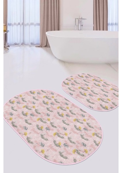 Pembe Zeminli Çam Yaprakları Özel Tasarım 2'Li Elips Kaymaz Tabanlı Banyo & Mutfak Paspas Takımı