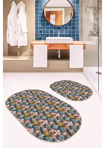 Renkli Papatya Çiçekleri Özel Tasarımlı 2'Li Elips Kaymaz Tabanlı Banyo & Mutfak Paspas Takımı modelleri