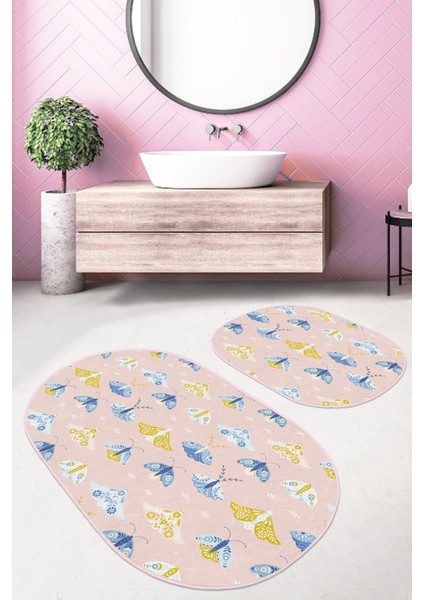 Pembe Zemin Mavi Kelebek Tasarımlı 2'Li Elips Kaymaz Tabanlı Banyo & Mutfak Paspas Takımı modelleri