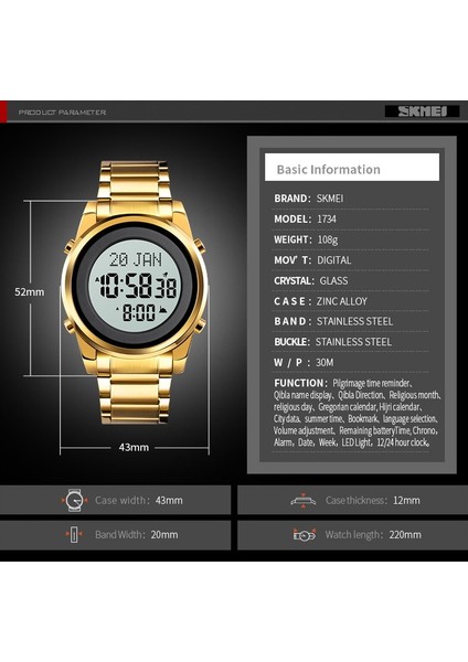 Yuvarlak Qibla Dijital Izle Erkekler Için Qibla Zaman Hatırlatma LED Altın Çelik Dini Ay Elektronik Namaz Erkek Saatler 1734 | Dijital Saatler (Altın)(Yurt Dışından)