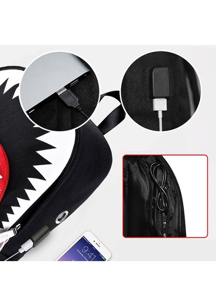 Aydınlık Sırt Çantası Erkek Köpekbalığı USB Sırt Çantası (Siyah) (Yurt Dışından)