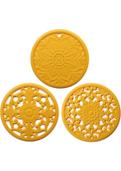 3 Adet Nefis Hollow Oyma Isıya Dayanıklı Yalıtım Placemat Kaymaz Yemek Masası Mat Coaster Set Sofra Ped Mutfak Için | Mats pedler (Sarı)