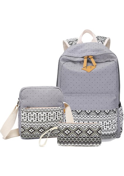 Tuval Sırt Çantası Kadın Rahat Öğrenci Schoolbag Üç Parçalı Set (Gri)