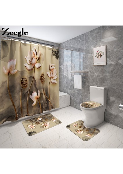 4 Adet Çiçek Banyo Halı Banyo Perde Seti Tuvalet Kilim ve Duş Perdesi Klozet Kapağı Kapak Paspas Banyo Mat Duş Mat | Banyo Paspasları (180 * 180) (Yurt Dışından) modelleri