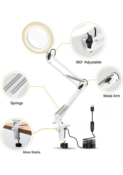 Masa Kelepçesi USB 5x Katlanır Büyüteç Lehimleme Üçüncü El Alet Masa Lambası 3 Renkler LED Işıklı Büyüteç | Büyüteçler