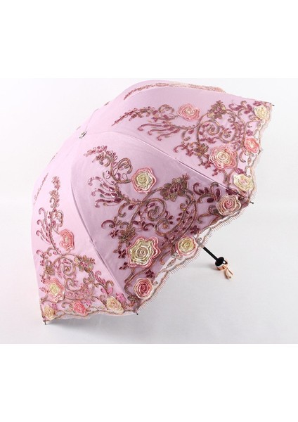 Dantel Katlanır Kadın Yağmur Şemsiye Kızlar Şemsiye Etkinlik Düğün Su Geçirmez Anti-Uv Şemsiye Paraguas Guarda Chuva Sombrinha (Pembe)