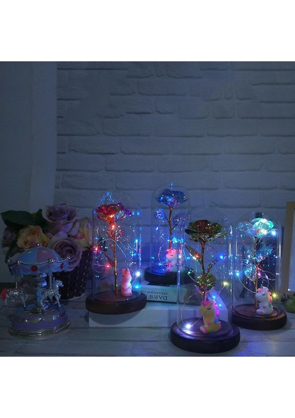 Yapay Ebedi Gül Işık LED Işık Cam Kapak Luminous Korunmuş Çiçek Midilli Bebek Süsler ile Sevgililer Anneler Günü (Mor)