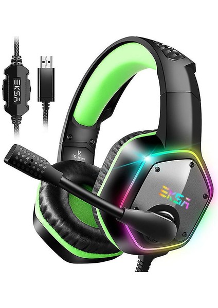 Eksa USB Gamıng Headset, 7.1 Surround Ses Oyun Kulaklığı, Ps4 Kulaklık, Pc Gürültü Iptal Iptal Iptal Mıc ve Rgb Işık, Pc Uyumlu, Playstation 4-Green