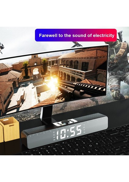 Çok Işlevli LED Tv Ses Bar Çalar Saat Kablolu ve  Radyo LED Ayna ile Kablosuz Bluetooth Hoparlör Subwoofer Aux USB Müzik Çalar | Kombinasyon Hoparlörler (Siyah)